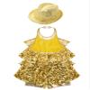 ACSUSS Sleeveless Jazz Dance Dress for Kids Girls Sequin Tap Latin Ballroom Dance Dress Performance Costume and Hat Gold 14 Years view 4