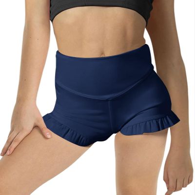 rrhss Girls Athletic Ruffle Shorts High Waisted Yoga Dance Shorts Comfy Workout Gymnastics Shorts Navy Blue, 5-6 Years