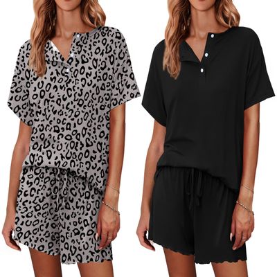 Ekouaer 2 Pack Womens Pajama Sets Short Sleeve Top with Shorts Soft Comfy Loungewear Sleepwear M