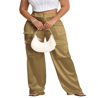 Aressdom Metallic Cargo Pants for Women Shiny High Waist Wide Leg Pants with Pockets, Going Out Outfits, Light Yellow, S