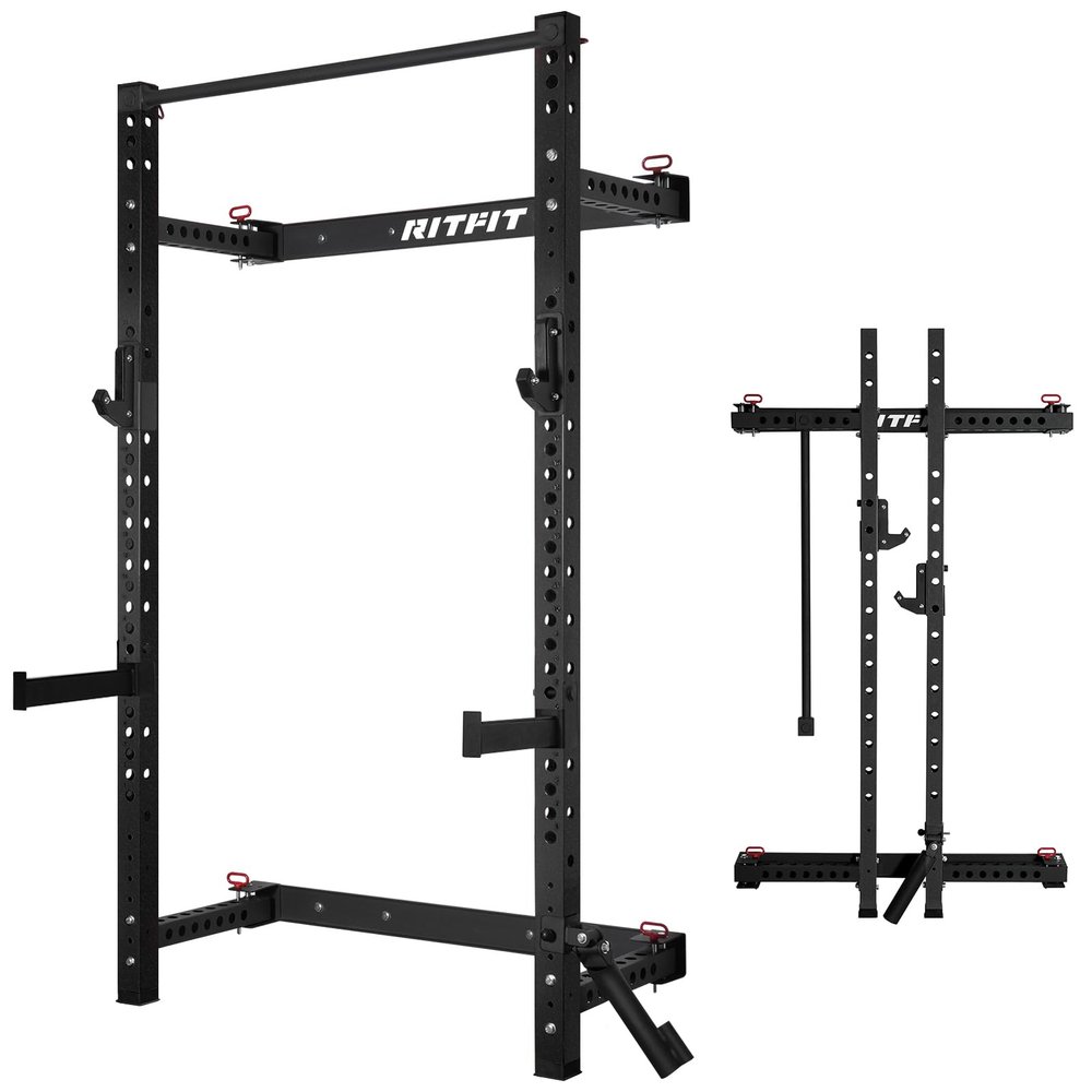 RitFit Multi-Functional Folding Squat Rack for Home Gym, 2.36'' x 2.36'' Wall Mounted Squat Rack with Attachments - Space Saving Squat Power Rack, Black
