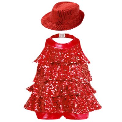 ACSUSS Sleeveless Jazz Dance Dress for Kids Girls Sequin Tap Latin Ballroom Dance Dress Performance Costume and Hat Red 14 Years
