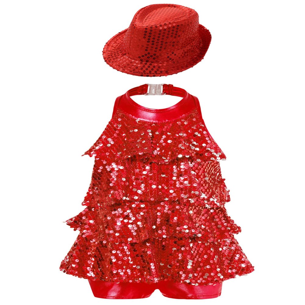 ACSUSS Sleeveless Jazz Dance Dress for Kids Girls Sequin Tap Latin Ballroom Dance Dress Performance Costume and Hat Red 14 Years