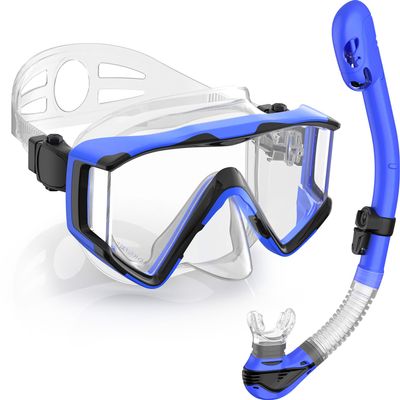 Greatever Snorkel Set Pano 3 Window Snorkel Mask Adult, Panoramic Wide View, Anti-Fog Scuba Diving Mask, Anti-Leak Snorkel Goggles Dry Top Snorkel, Professional Snorkeling Gear for Adults