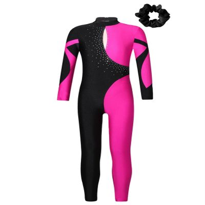 Jowowha Girls Full Body Gymnastics Leotard Sparkle Long Sleeve Color Block Dance Jumpsuit with Hair Scrunchie Hot Pink&Black 10 Years