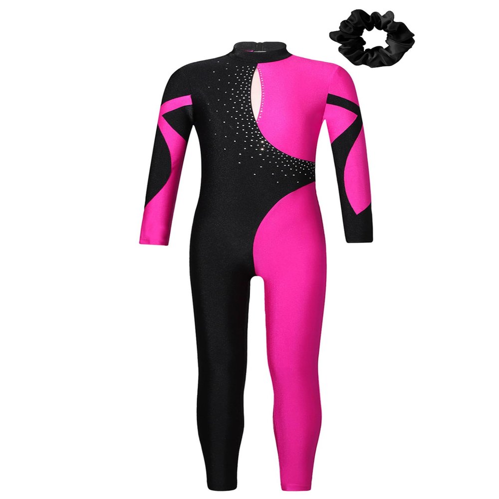 Jowowha Girls Full Body Gymnastics Leotard Sparkle Long Sleeve Color Block Dance Jumpsuit with Hair Scrunchie Hot Pink&Black 10 Years