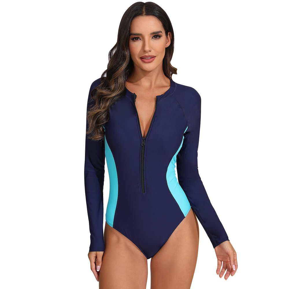 Womens Rash Guard Swimsuit One Piece Long Sleeve Swimsuit Surf Swimsuits for Women Beachwear Summer Tropical Swimwear Rashguard Outfits Traje De Bao Manga Larga para Mujer Color Block Navy Blue XL