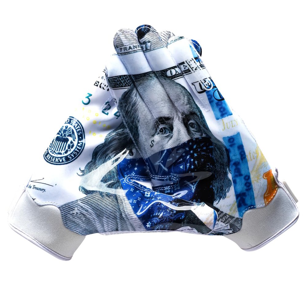 Battle Sports Blue Strips Wide Receiver Football Gloves, Ultra Stick Adult & Youth Gloves - Adult Medium, White/Blue