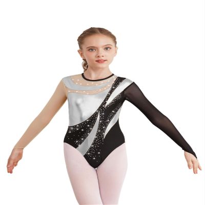 ACSUSS Long Sleeve Gymnastic Leotard for Girls Metallic Rhinestone Dance Skating Unitard Competition Bodysuit Dancewear Silver 6 Years
