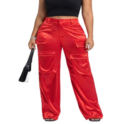 Aressdom Party Pants for Women Shiny Metallic Cargo Baggy Bottom with Pockets, Sexy Cute Outfits, Red, XL