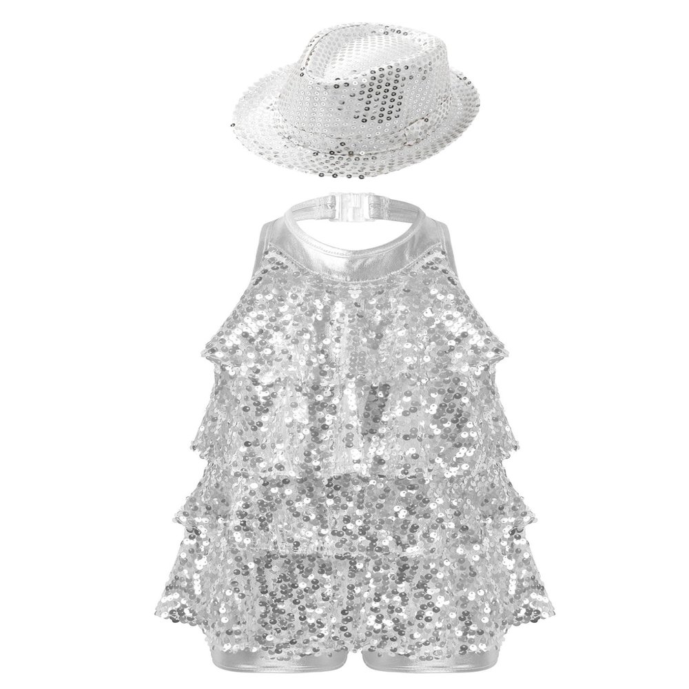 ACSUSS Sleeveless Jazz Dance Dress for Kids Girls Sequin Tap Latin Ballroom Dance Dress Performance Costume and Hat Silver 6 Years