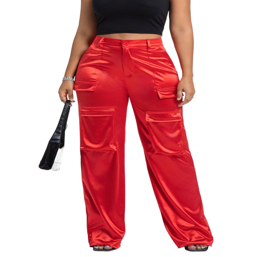 Aressdom Metallic Cargo Pants for Women Shiny High Waist Wide Leg Pants with Pockets, Going Out Outfits, Red, S