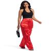 Aressdom Metallic Cargo Pants for Women Shiny High Waist Wide Leg Pants with Pockets, Going Out Outfits, Red, S view 3