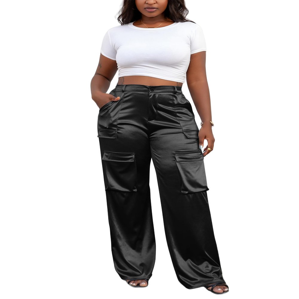 Aressdom Metallic Satin Cargo Oversized Pants for Women Tall Plus Size Dressy Concert Dinner Outfits, Black, 2XL