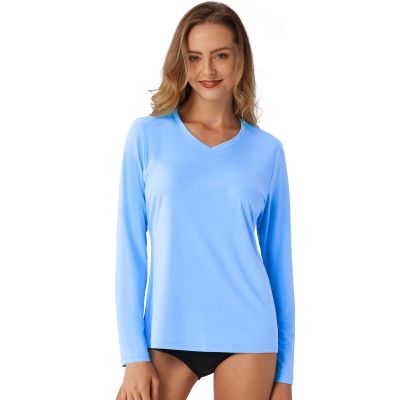 SG Edge Women's Standard V-Neck UPF 50+ Long Sleeve Swim Rash Guard Shirt, Vista Blue