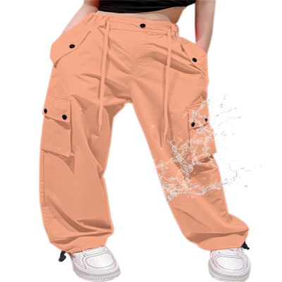 Cromoncent Girls High Waist Parachute Pants Y2K Cargo Trousers with Pockets, Light Orange, 7-8 Years = Tag 140
