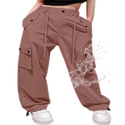 Cromoncent Girls High Waist Parachute Pants Y2K Cargo Trousers with Pockets, Rust Red, 7-8 Years = Tag 140