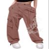 Cromoncent Girls High Waist Parachute Pants Y2K Cargo Trousers with Pockets, Rust Red, 7-8 Years = Tag 140