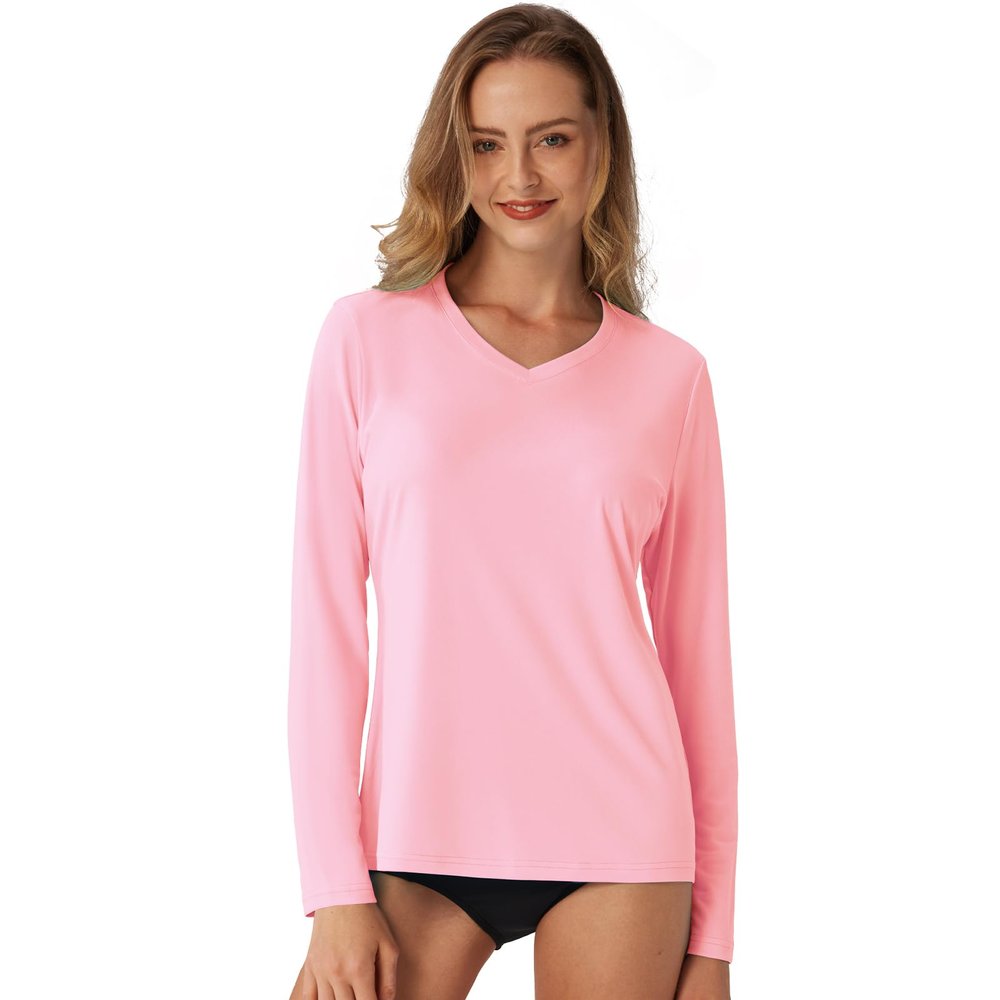 SG Edge Women's Standard V-Neck UPF 50+ Long Sleeve Swim Rash Guard Shirt, Pink