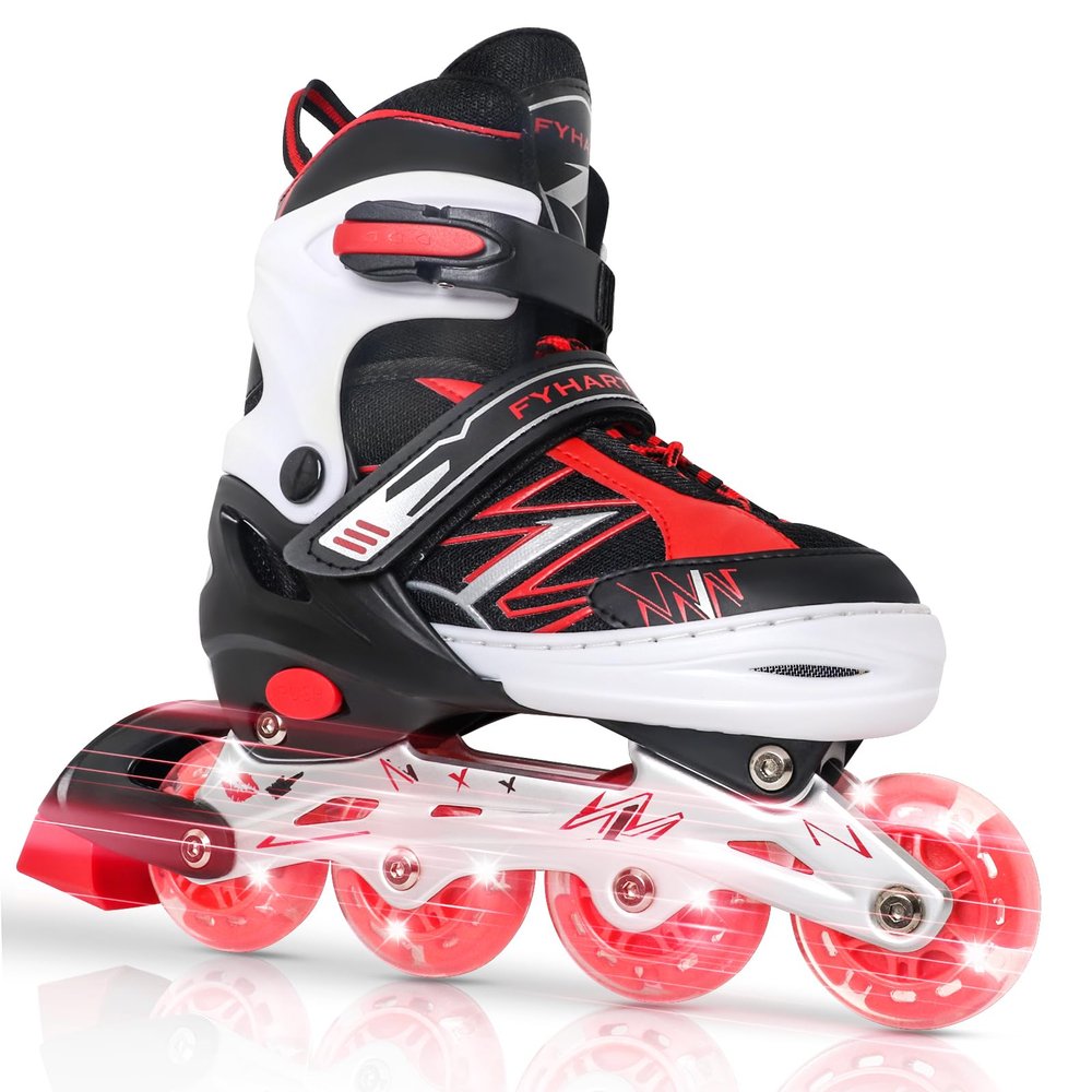 LEJIJIT Adjustable Kids Inline Skates for Girls Boys Children Beginners, Black & Red Inline Skates with Light Up Wheels for Kids and Youth for Indoor Outdoor Sports (Small)