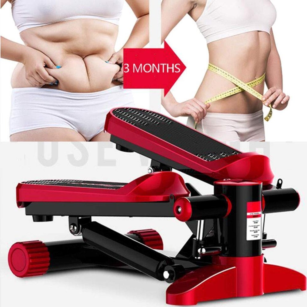Stepper,Mini Hydraulic Men and Women Cardio Exercise Trainer,Monitor and Resistance Bands Exercises Equipment,Red