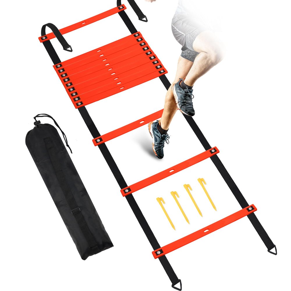 Camkinger Fixed Rung Agility Ladder, 20ft, 12 Rungs No Tangle Speed and Agility-Training Equipment for Soccer Footwork Coaching Ladders with Carrying Bag, Ground Stakes for Adults, Youth Kids, Orange