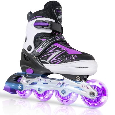 LEJIJIT Adjustable Kids Inline Skates for Girls Boys Children Beginners, Black & Purple Inline Skates with Light Up Wheels for Kids and Youth for Indoor Outdoor Sports (Medium)