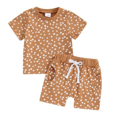 0-3T Toddler Baby Girl Summer Clothes Short Sleeve Floral Tshirt Tops and Shorts Set Oversized Outfit Boho Clothes (A-Brown, 2-3 Years)