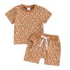 0-3T Toddler Baby Girl Summer Clothes Short Sleeve Floral Tshirt Tops and Shorts Set Oversized Outfit Boho Clothes (A-Brown, 0-6 Months) view 1