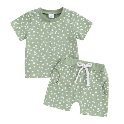 0-3T Toddler Baby Girl Summer Clothes Short Sleeve Floral Tshirt Tops and Shorts Set Oversized Outfit Boho Clothes (A-Green, 6-12 Months)