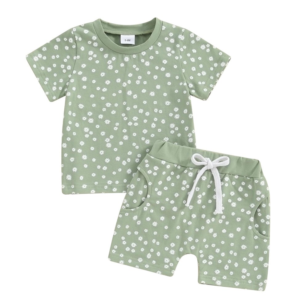 0-3T Toddler Baby Girl Summer Clothes Short Sleeve Floral Tshirt Tops and Shorts Set Oversized Outfit Boho Clothes (A-Green, 6-12 Months)