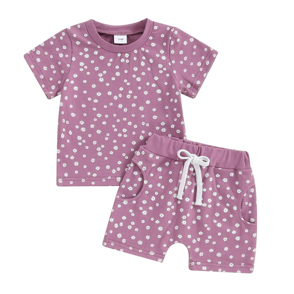 0-3T Toddler Baby Girl Summer Clothes Short Sleeve Floral Tshirt Tops and Shorts Set Oversized Outfit Boho Clothes (A-Purple, 0-6 Months)