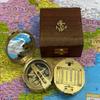 Antique Brass Heavy Sundial Brass Engraved Sundial Functional Direction Brown Wood Box Compasses (Brass Compass with Anchor Box)