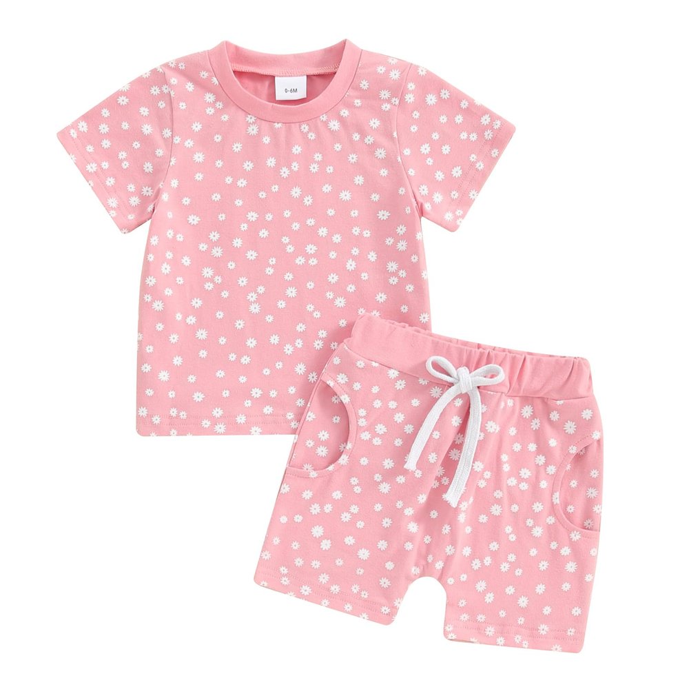 0-3T Toddler Baby Girl Summer Clothes Short Sleeve Floral Tshirt Tops and Shorts Set Oversized Outfit Boho Clothes (A-Pink, 0-6 Months)