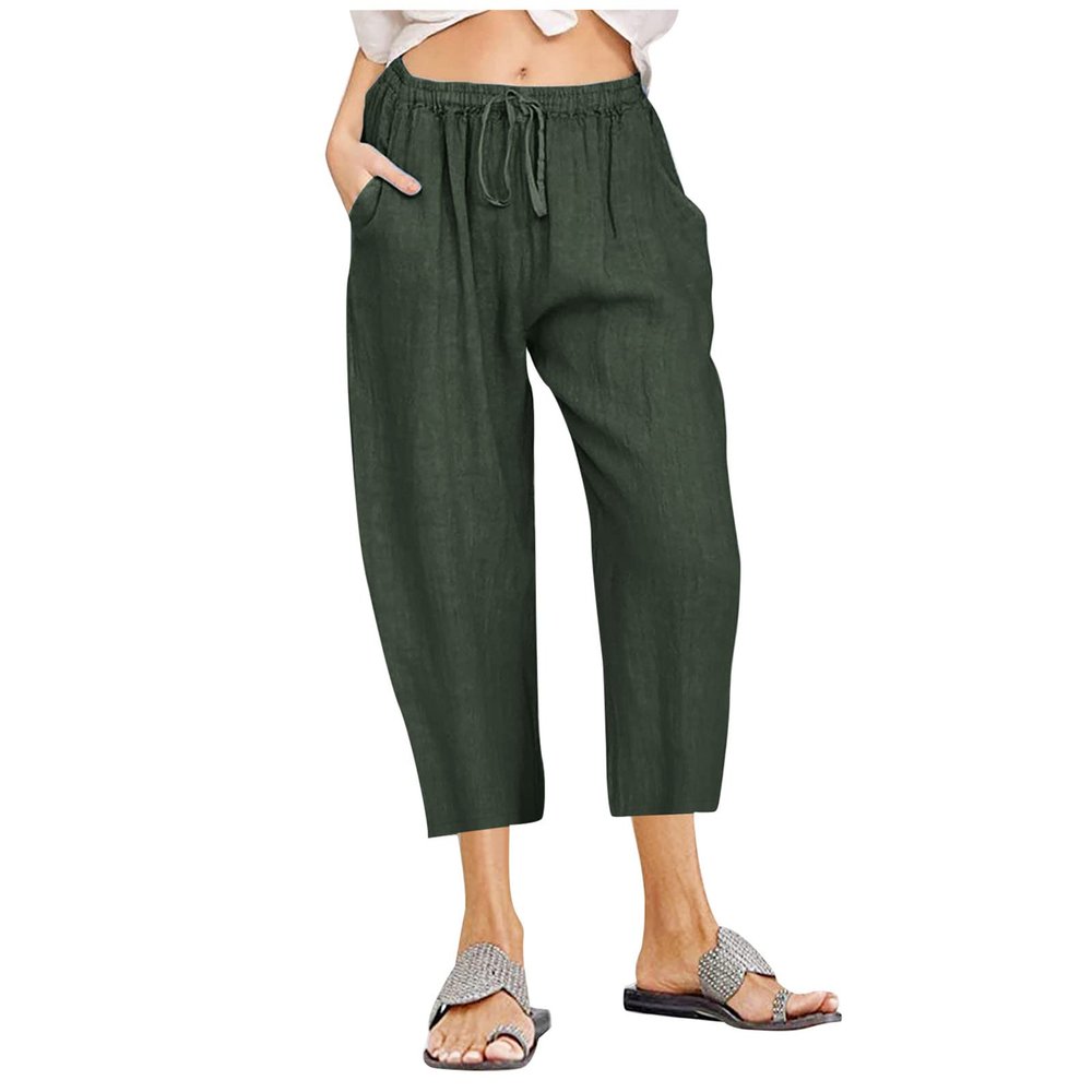 LRMQS Beach Pants Capri Length for Women 2026 Spring Summer Linen Capris Drawstring Elastic Waist Trendy Cropped Trousers
