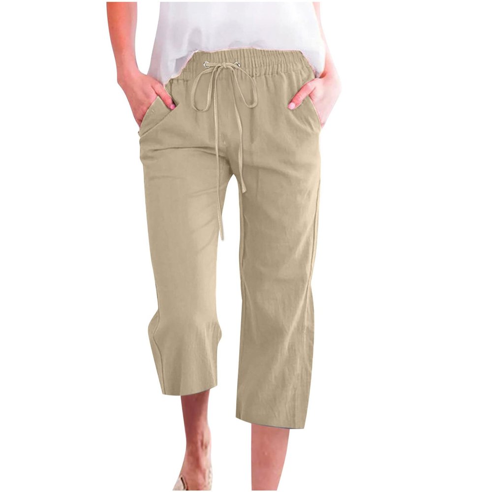 LRMQS Capri Pants for Women Casual Summer 2026 Drawstring Capris Linen Pants Pockets Beach Straight Wide Leg Cropped Trousers