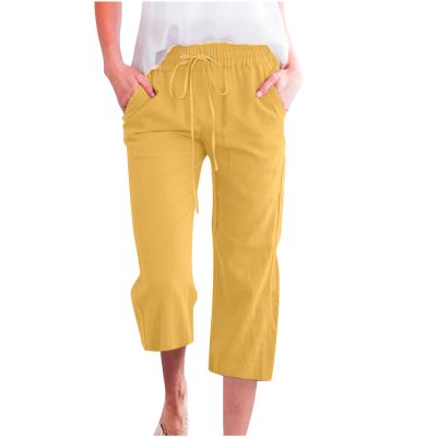 LRMQS Capri Pants for Women Casual Summer 2026 Drawstring Capris Linen Pants Pockets Beach Straight Wide Leg Cropped Trousers