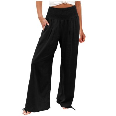 LRMQS Linen Wide Leg Pants Women Summer Casual Drawstring Elastic High Waist Trousers Resort Wear Beach Trendy Palazzo Pant