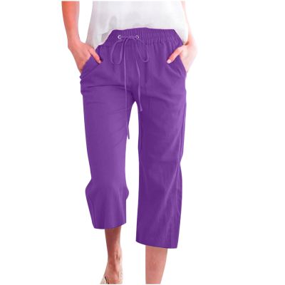 LRMQS Capri Pants for Women Casual Summer 2026 Drawstring Capris Linen Pants Pockets Beach Straight Wide Leg Cropped Trousers