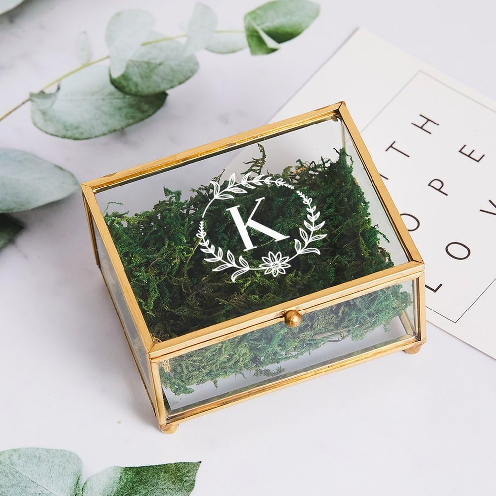 Generic Personalized Initial Glass Ring Box with Moss, Bridesmaid Jewelry Box, Custom Monogram Ring Box for Wedding Ceremony, Birthday, Engagements Gifts for Her, Wedding Favors, Ring Bearer Box
