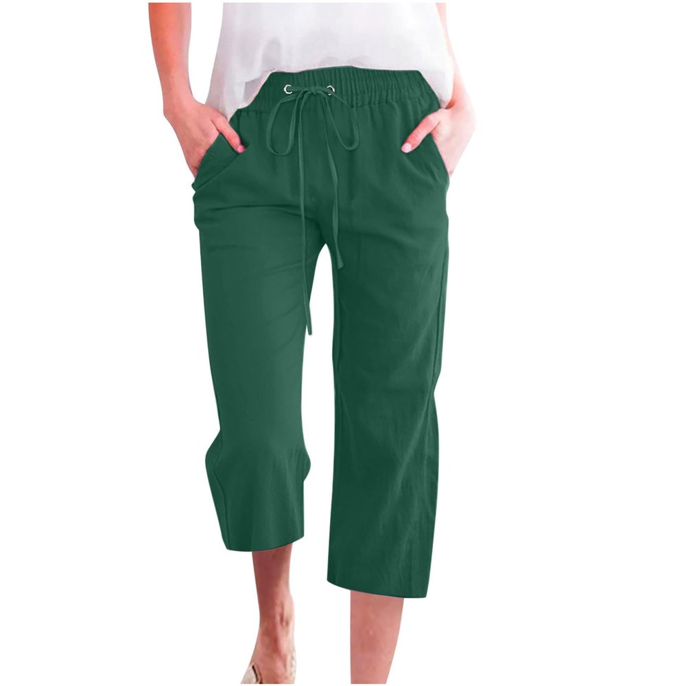 LRMQS Capri Pants for Women Casual Summer 2026 Drawstring Capris Linen Pants Pockets Beach Straight Wide Leg Cropped Trousers