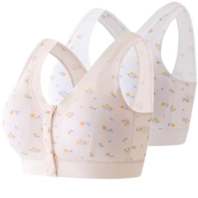 3 Pack Medium Elderly Women Button Front Closure Bras Wireless Cotton Everyday Soft Cup (no Pads) Bras (White/Beige, 38BC)