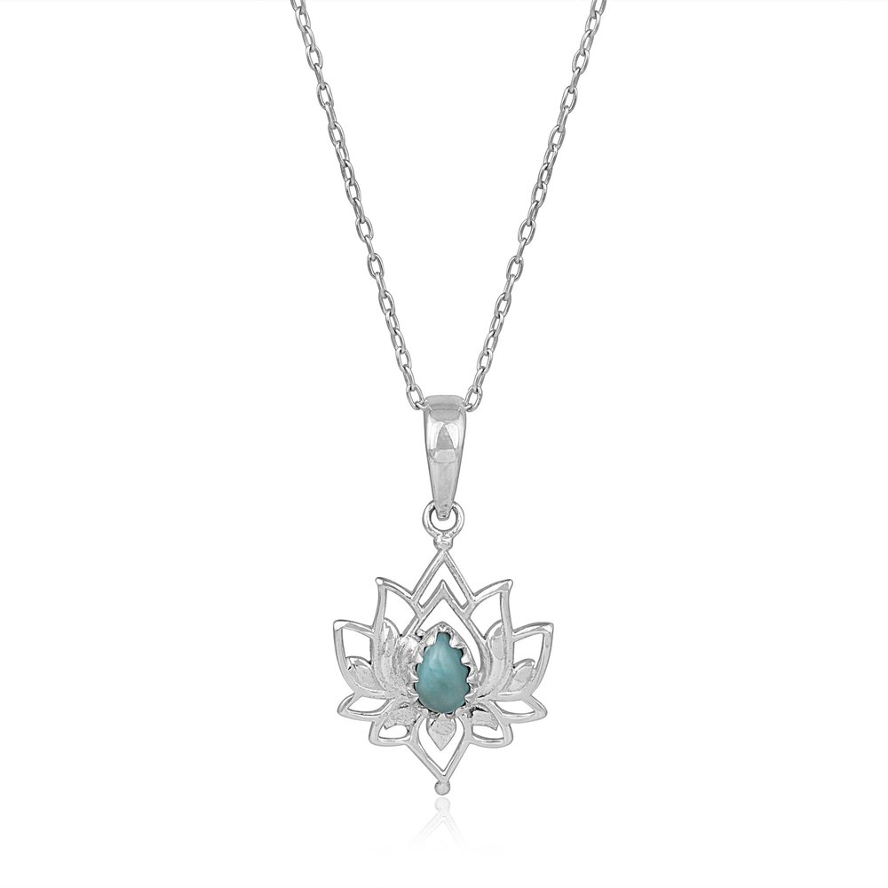 Silver Eternity 925 Sterling Silver Larimar Lotus Flower Pendant Necklace with 18 Inch Chain Necklace Jewelry for Women or Teens