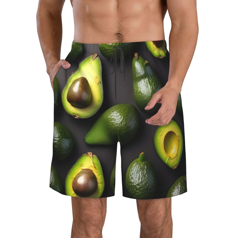 Avocado Fruit Pattern Men's Quick Dry Swim Trunks Beach Shorts with Mesh Lining Waist Drawstring with 3 Pockets White