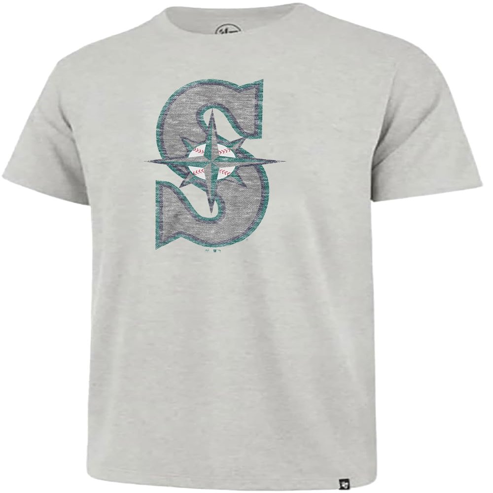 47 MLB Men's Gray Distressed Imprint Primary Logo Wordmark Short Sleeve Baseball T-Shirt - Seattle Mariners Gray Small