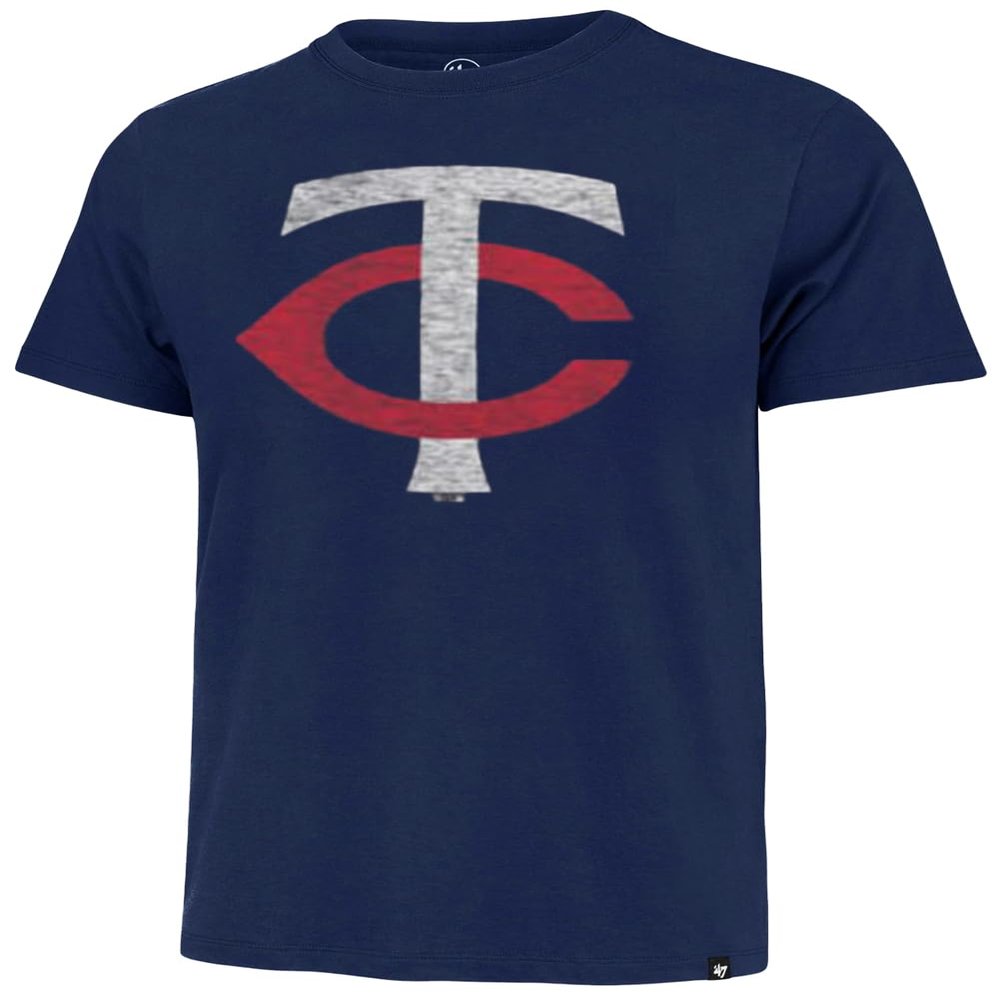47 MLB Men's Alternate Team Distressed Imprint Match Baseball Primary Logo Wordmark T-Shirt - Minnesota Twins Navy - Small