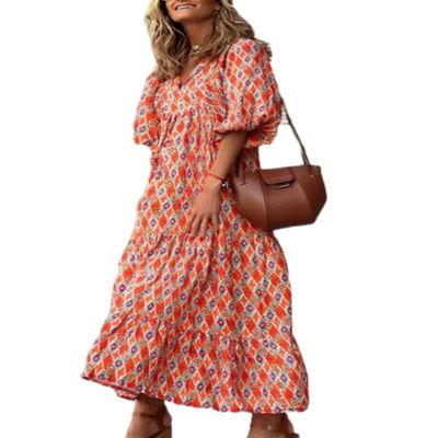Boho Casual Loose Long Sleeve Maxi Dress for Womens Bohemian Vintage Print Pleated Crewneck Flowy Baggy Lightweight Long Dress
