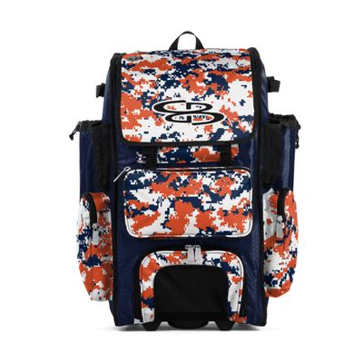 Boombah Rolling Superpack Baseball/Softball Gear Bag - BRSP2CMC23 Digital Camo Navy/Orange - Telescopic Handle - Holds 4 Bats - Wheeled Version
