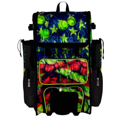 Boombah Superpack Hybrid Rolling Bat Bag - Wheeled & Backpack Version - USA Softball Ballpark Black/Royal Blue/Red