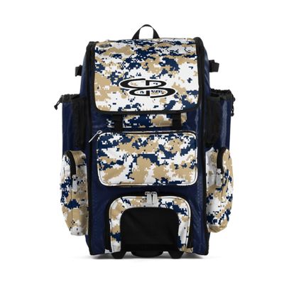 Boombah Rolling Superpack Baseball/Softball Gear Bag - BRSP2CMC23 Digital Camo Navy/Vegas Gold - Telescopic Handle - Holds 4 Bats - Wheeled Version